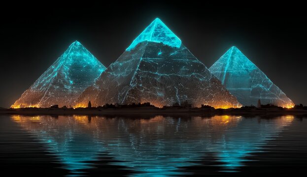Three pyramids lit up in blue and green lights. The scene is set on a body of water