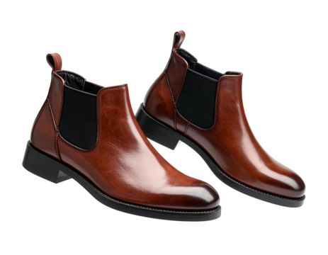 Two brown, leather Chelsea boots angled against a black background, featuring elastic side panels and pull tabs