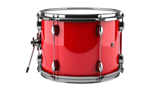 A vibrant red drum with silver hardware, isolated against a stark black background