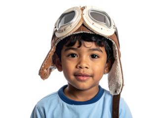 Smiling young child with aviator hat, against black background, light blue shirt