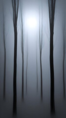 Mysterious Foggy Forest with Silhouetted Trees and Bright Light.