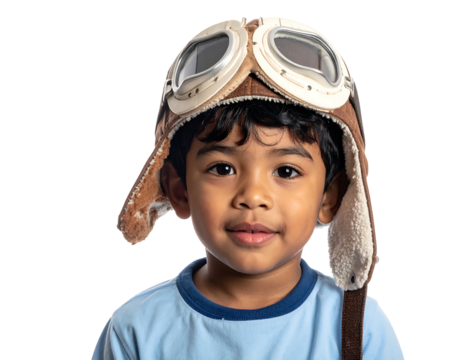 Smiling young child with aviator hat, against black background, light blue shirt