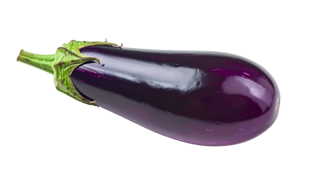 Isolated, glossy, elongated eggplant with green stem and sepals on a black background
