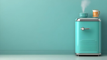 Retro Aqua Blue Mini Fridge with Steaming Cup on Top.