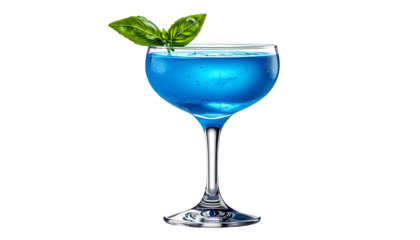 A vibrant blue cocktail in a coupe glass with basil garnish against a black background
