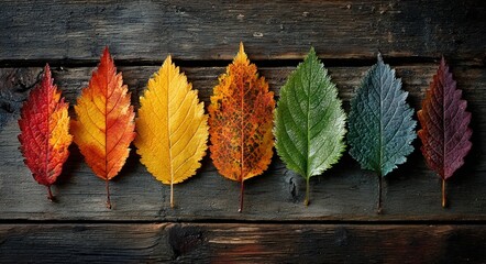 Obraz premium Colorful Leaves Arranged on Wooden Planks Representing Changing Seasons from Spring to Autumn, Symbolizing Nature, Growth, and Life Cycle