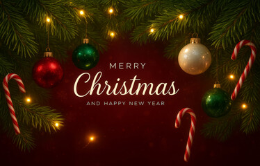 Holiday Celebration Background with Christmas Balls, Fir Tree, and Warm Bokeh Lights