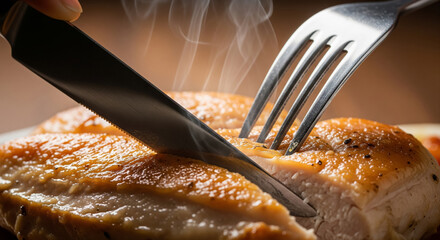 Cutting Grilled Chicken Breast with Knife and Fork Close Up