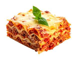 A layered dish with tomato, pasta, cheese and meat, topped with a fresh basil leaf on a black background