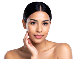 Smooth-skinned woman with dark hair and glowing skin, holding hand to cheek, on a transparent background