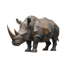 Obraz premium Full body geometric rhino with a low-poly, patchwork pattern of tiled textures and muted colors, standing in a majestic pose.