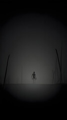 A lone figure stands in a dark foggy and mysterious environment.