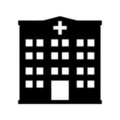 Stylized silhouette of a hospital building with a prominent cross on top