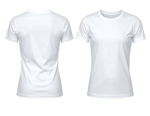 A pair of white blank t-shirts, one from the front view and the other from the back, on a transparent backdrop