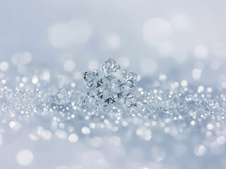 Close-up of a snowflake sitting on soft snow