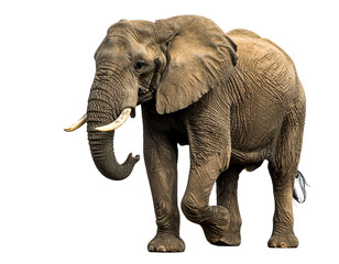 A mature African elephant walks across an isolated black background, facing towards its right side