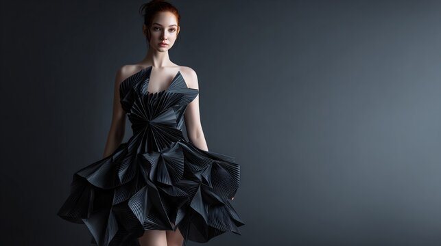 French haute couture dress styled with Japanese origami-inspired folds - Powered by Adobe