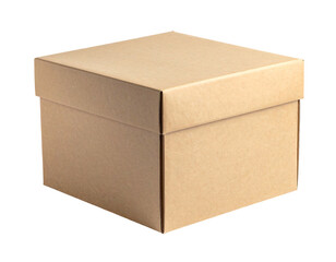 A plain brown square cardboard box with a lid on a black background, close-up, studio shot