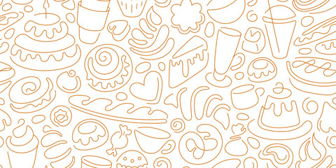Bakery seamless pattern. Vector line fabric. Cafe