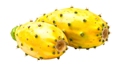 Two ripe, yellow fruits with textured skin and thorny buds, against a black background
