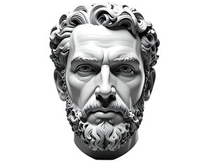 A sculpted head of a man with a beard and serious expression, rendered in stark white against a black background