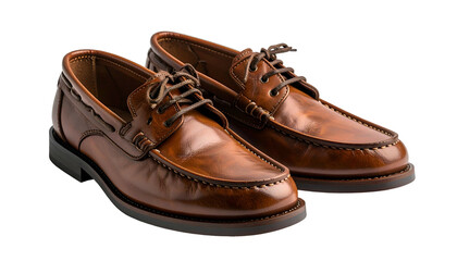 Pair of brown leather boat shoes, laces tied, resting on a dark background