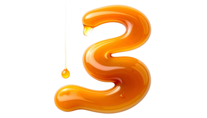 A glossy, caramel-colored "3" with dripping liquid and a black background