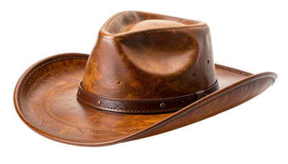 A brown, leather cowboy hat with a creased crown and a dark, textured band