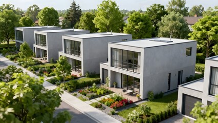 Modern modular houses with minimalist architecture and green garden neighborhood.