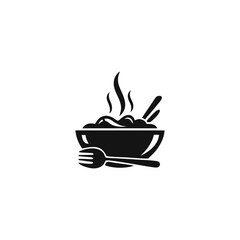 Black and white icon of a bowl of hot food with chopsticks and a fork.