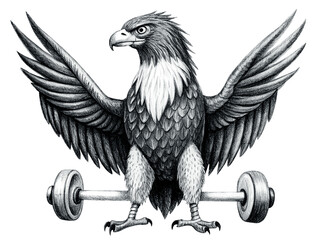 Eagle weightlifter with barbell isolated on transparent background, strong bird athlete