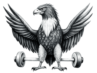 Eagle weightlifter with barbell isolated on transparent background, strong bird athlete