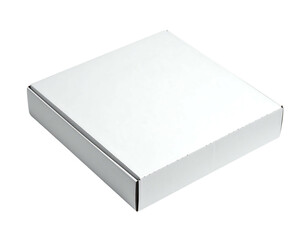 A simple, plain white square box with subtle shadowing, resting on a light surface, presented in a minimalist style