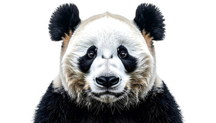 Close-up of a panda's face, with white fur and black patches around the eyes and ears, against a dark backdrop