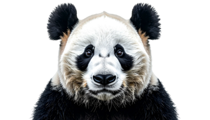 Close-up of a panda's face, with white fur and black patches around the eyes and ears, against a dark backdrop