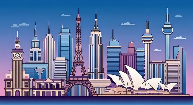 Famous World Landmarks Skyline Illustration.