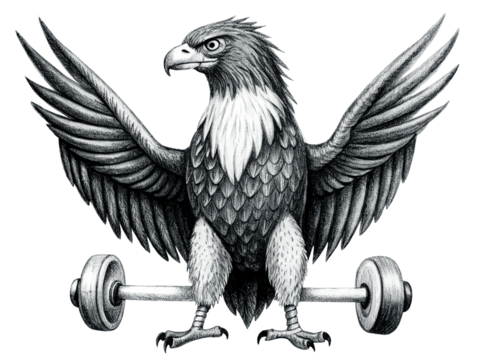 Eagle weightlifter with barbell isolated on transparent background, strong bird athlete
