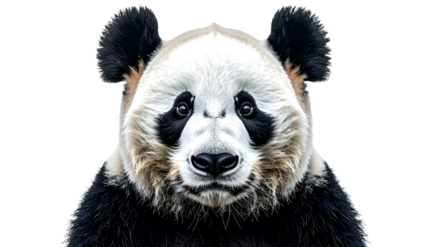 Close-up of a panda's face, with white fur and black patches around the eyes and ears, against a dark backdrop