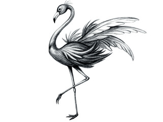 Hand drawn flamingo isolated on transparent background, a graceful bird in monochrome