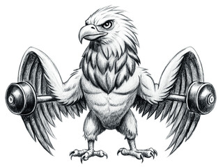 Eagle weightlifter with dumbbells isolated on transparent background, strong bird athlete