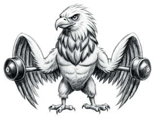 Eagle weightlifter with dumbbells isolated on transparent background, strong bird athlete