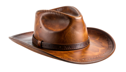 A close-up of a brown leather hat with a leather band and a wide brim, isolated on black