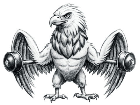 Eagle weightlifter with dumbbells isolated on transparent background, strong bird athlete