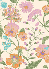 Beautiful floral pattern, suitable for textile, packaging, Daisy flowers, bellflowers, leaves, white background. Floral illustration. Vector seamless pattern. Botanical design. Meadow nature plants