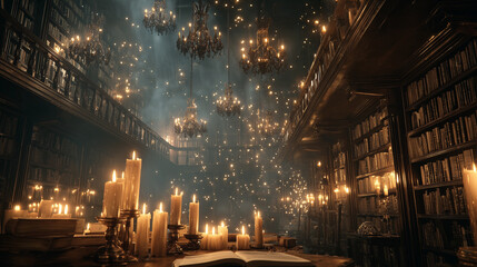 Halloween magical library with floating candles and old books at night