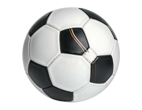 Close-up of a traditional black and white soccer ball, isolated on a transparent background
