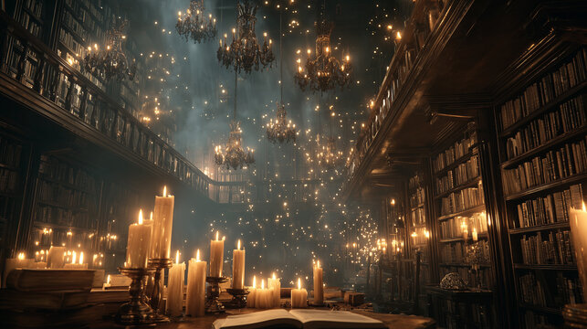 Halloween magical library with floating candles and old books at night