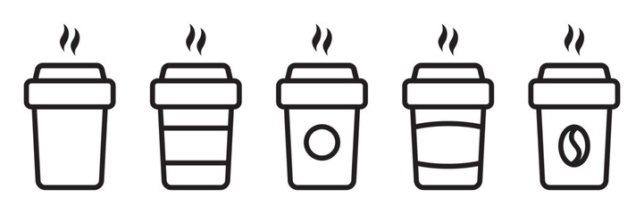 Paper Coffee Cup Line Icon Set – Steaming To-Go Beverage Symbols, Hot Drink and Takeaway Outline Icons.