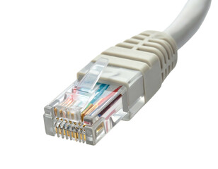 Close-up of an ethernet cable connector with visible wires against a black background, well-lit for clarity