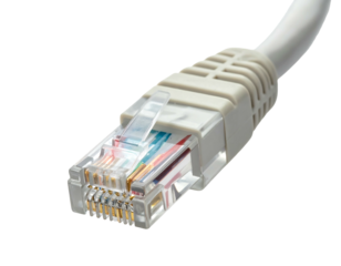 Close-up of an ethernet cable connector with visible wires against a black background, well-lit for clarity